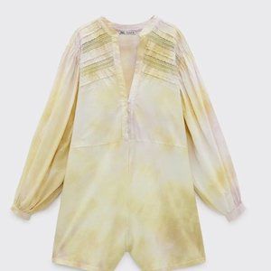 Zara Womens Yellow Tie Dye Romper With Front Long Sleeves